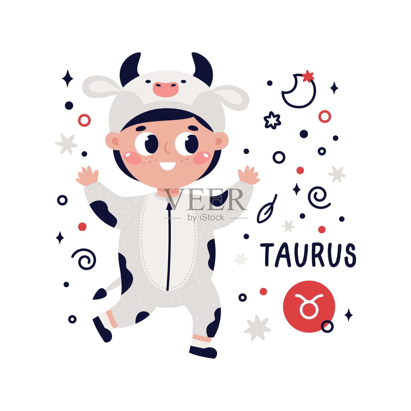 金牛座彩色卡片。儿童人物与占星星座符号。手绘矢量插图在卡通风格与字母插画图片素材