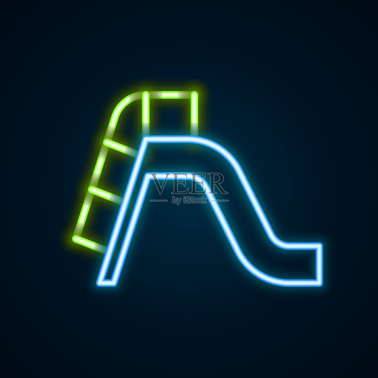 发光的霓虹灯线滑梯操场图标孤立的黑色背景。儿童幻灯片。色彩缤纷的轮廓概念。向量插画图片素材