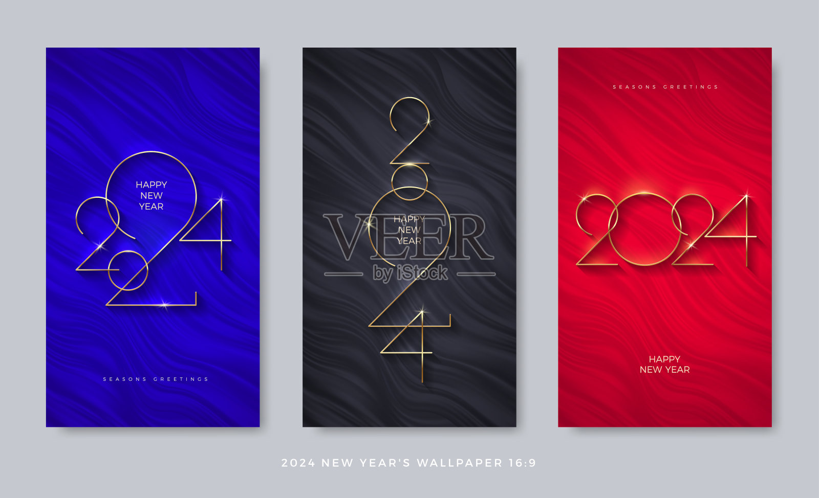 一组抽象的波浪背景与2024年新年金色标志。豪华模板设计，黄金数字年。插画图片素材