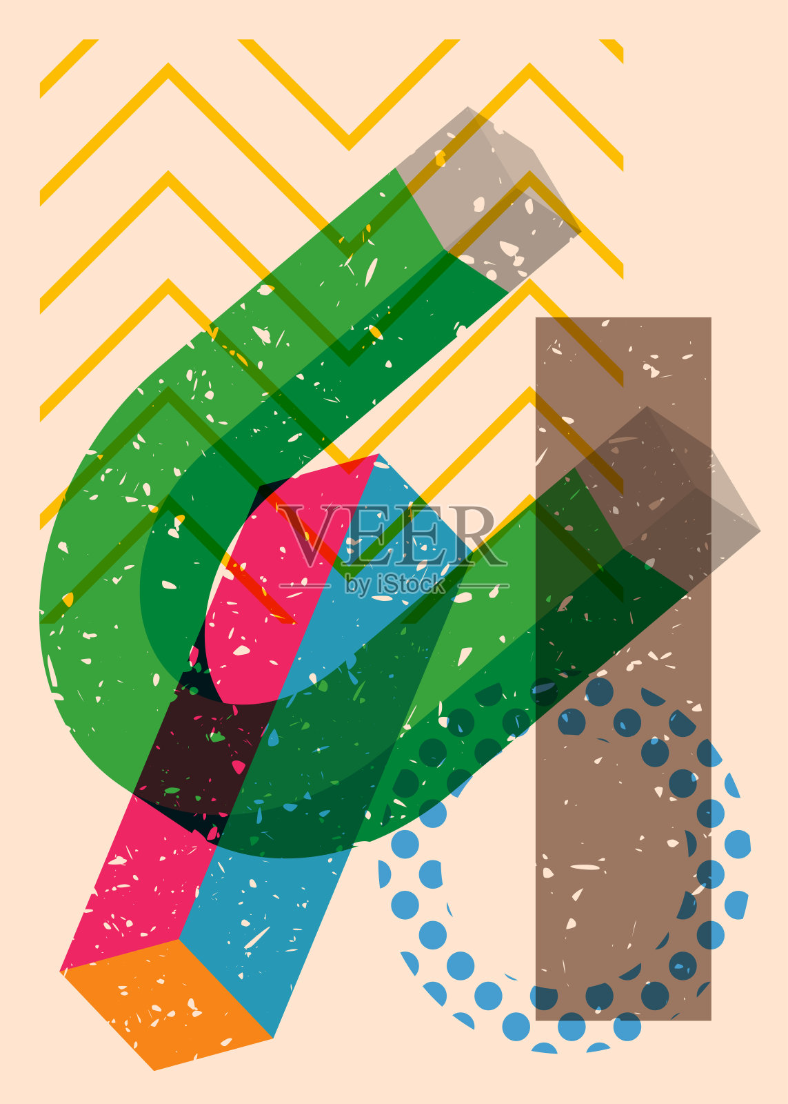 几何形状的Risograph磁铁。马蹄铁磁铁与对象在时尚riso图形打印纹理风格设计与几何元素。插画图片素材