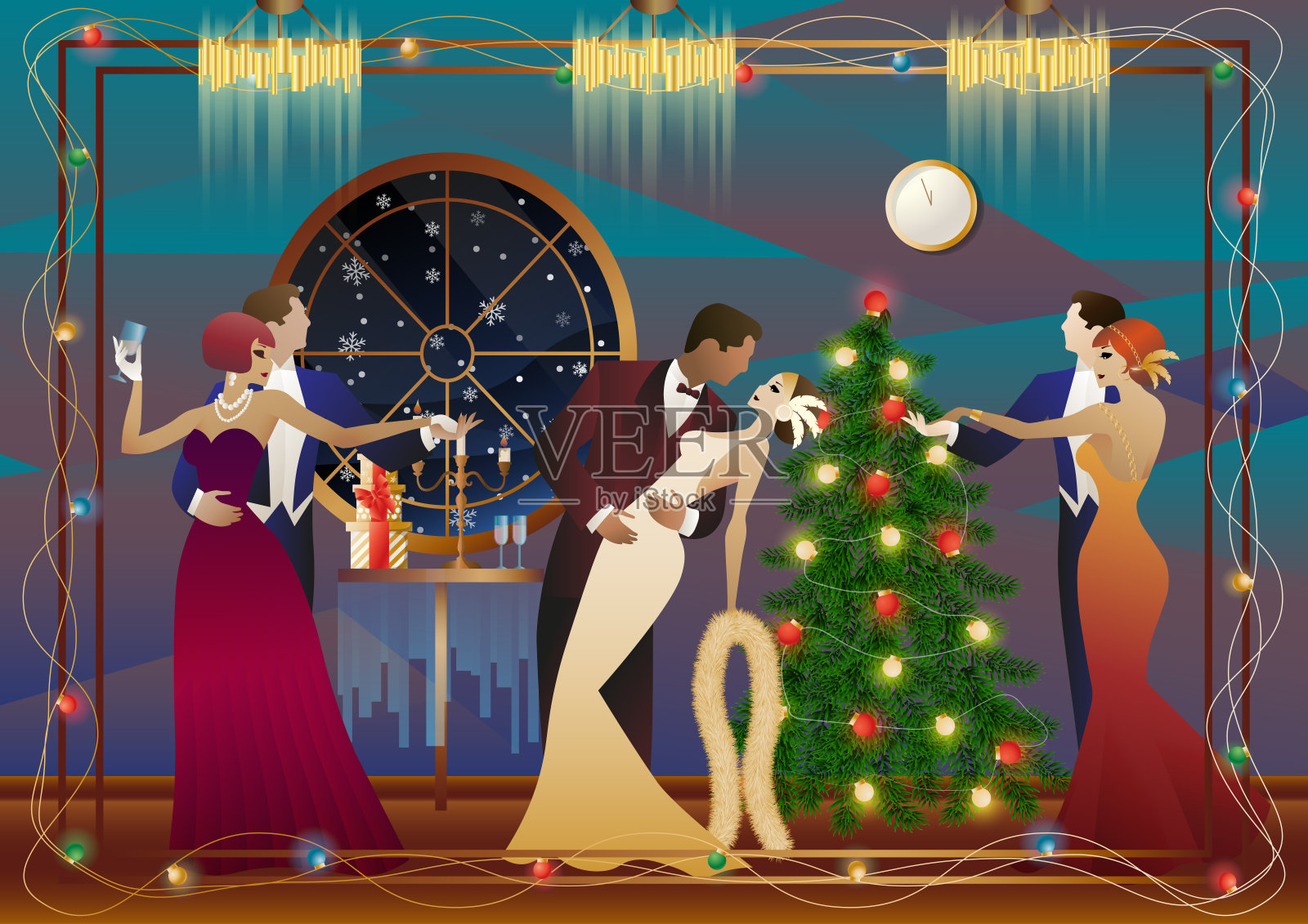 一对夫妇在圣诞树旁跳舞插画图片素材
