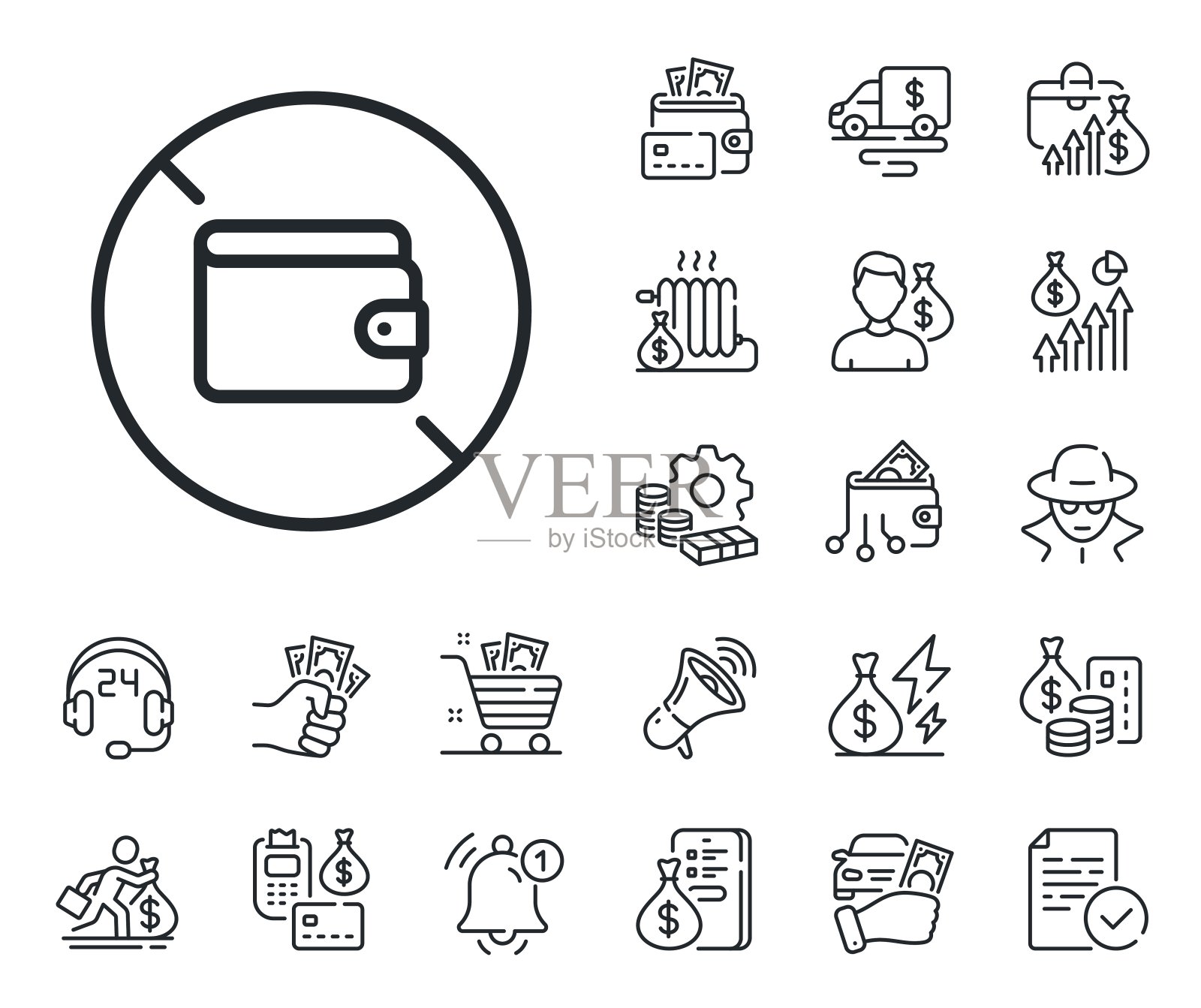 钱包线图标。钱袋星座。现金、贷款和抵押。向量插画图片素材