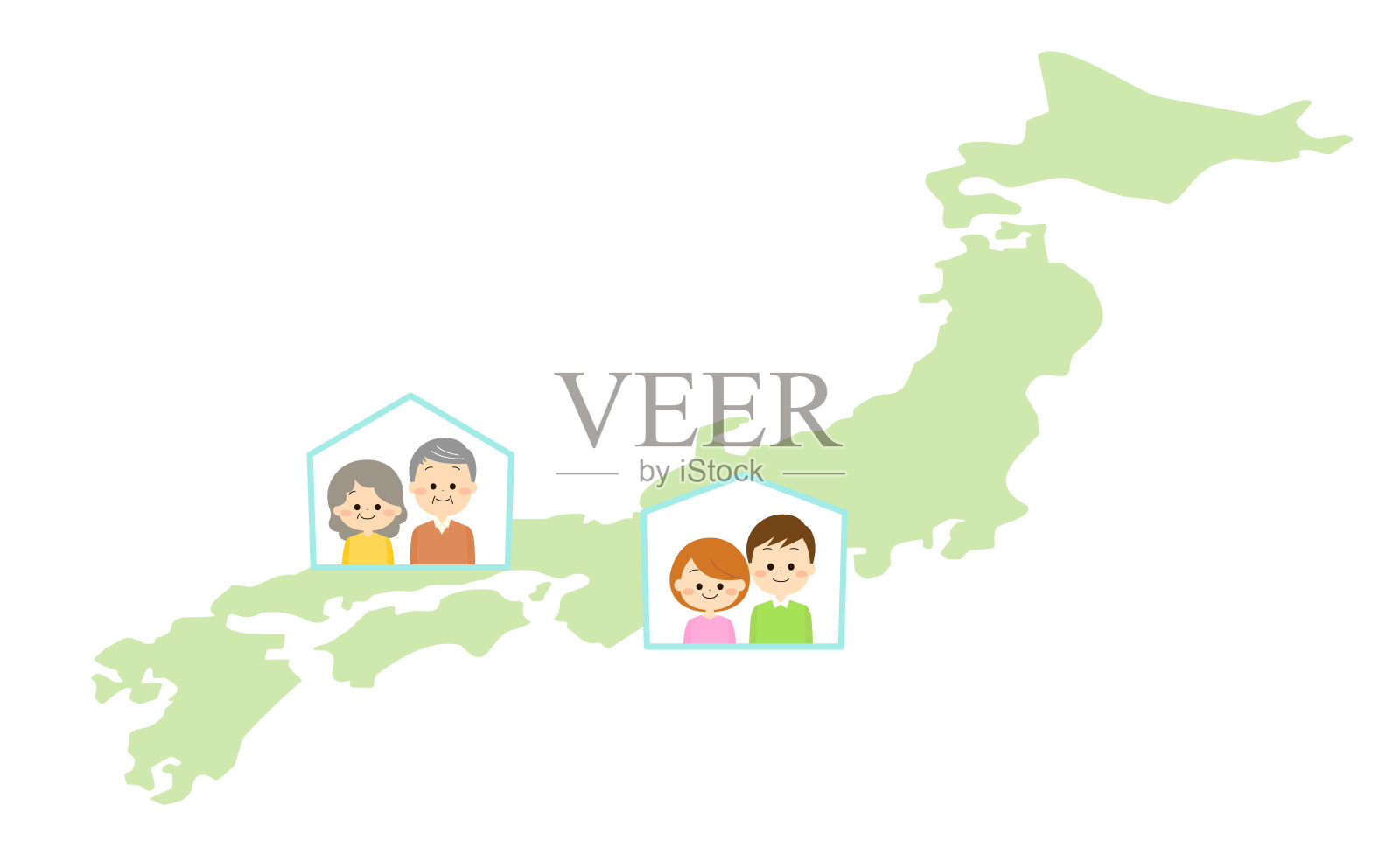 日本地图、老年夫妇和年轻夫妇插画图片素材