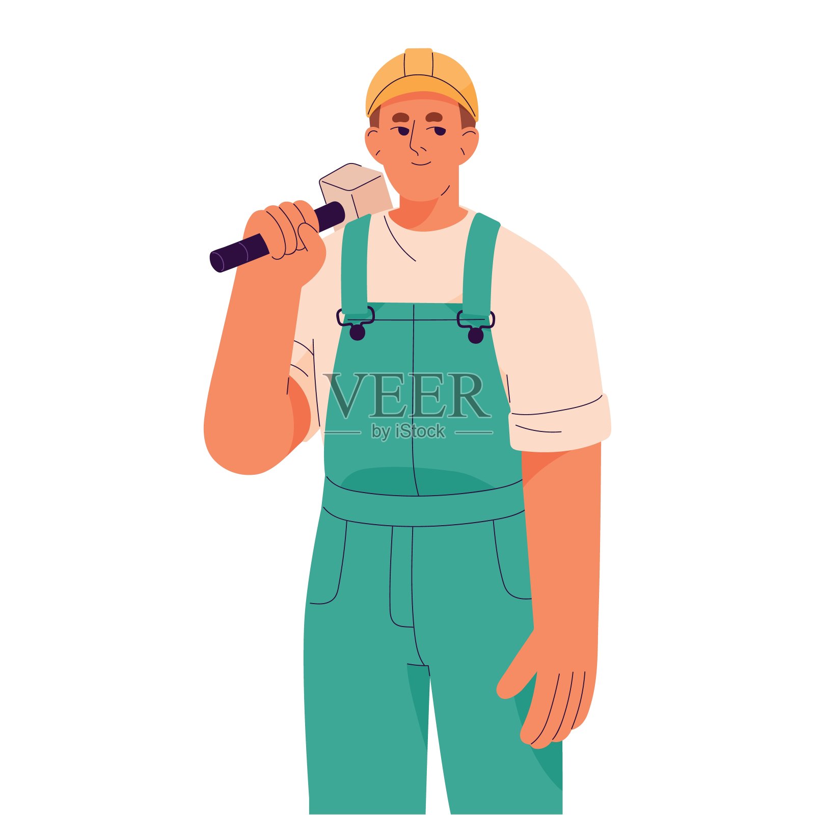 建筑工人，矿工用工作工具，铁锤站立。戴头盔的建筑工人，工程师，承包商，制服肖像。维修服务，建筑行业。平面隔离矢量插图上的白色插画图片素材