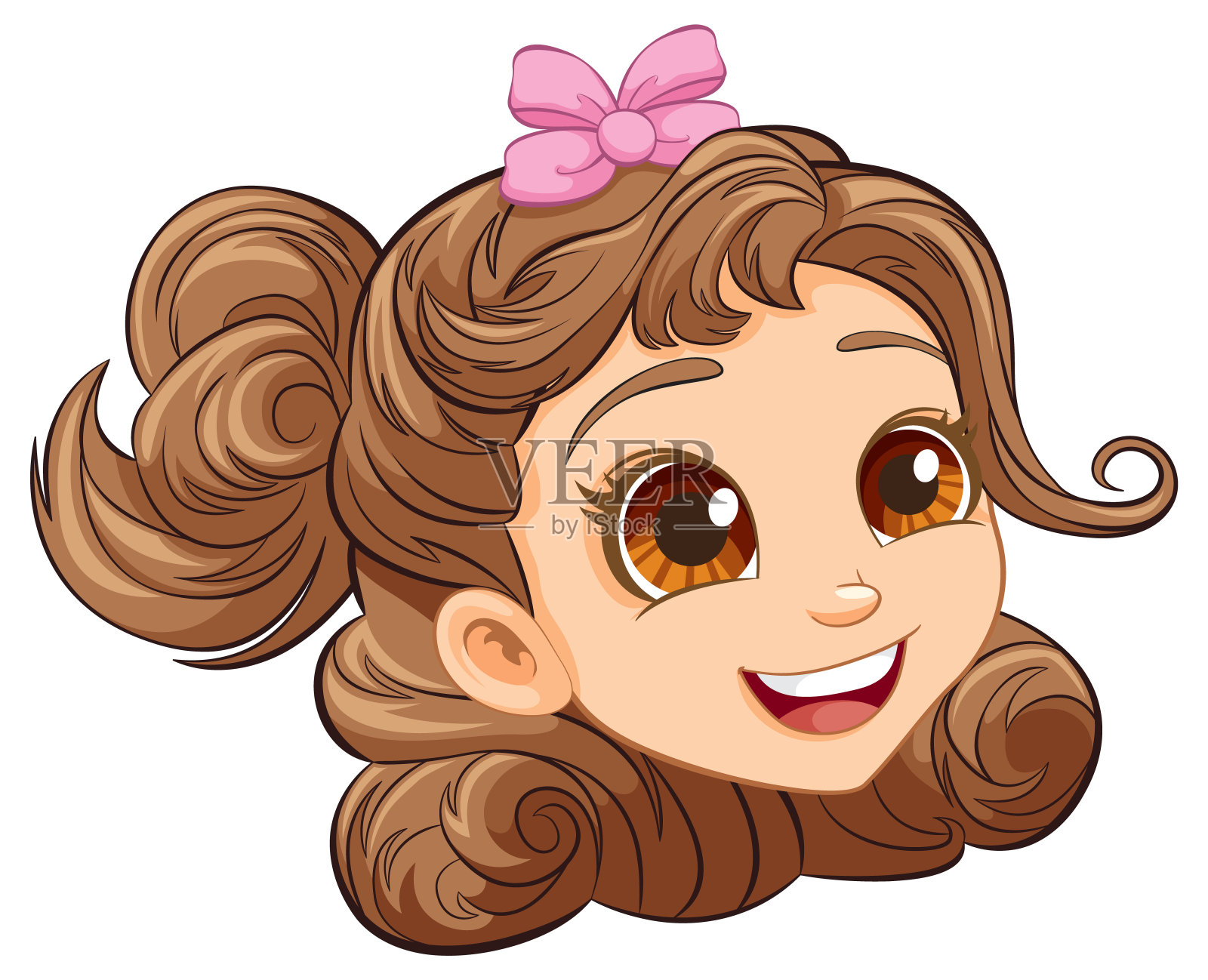 微笑的卡通女孩，头发上系着丝带插画图片素材