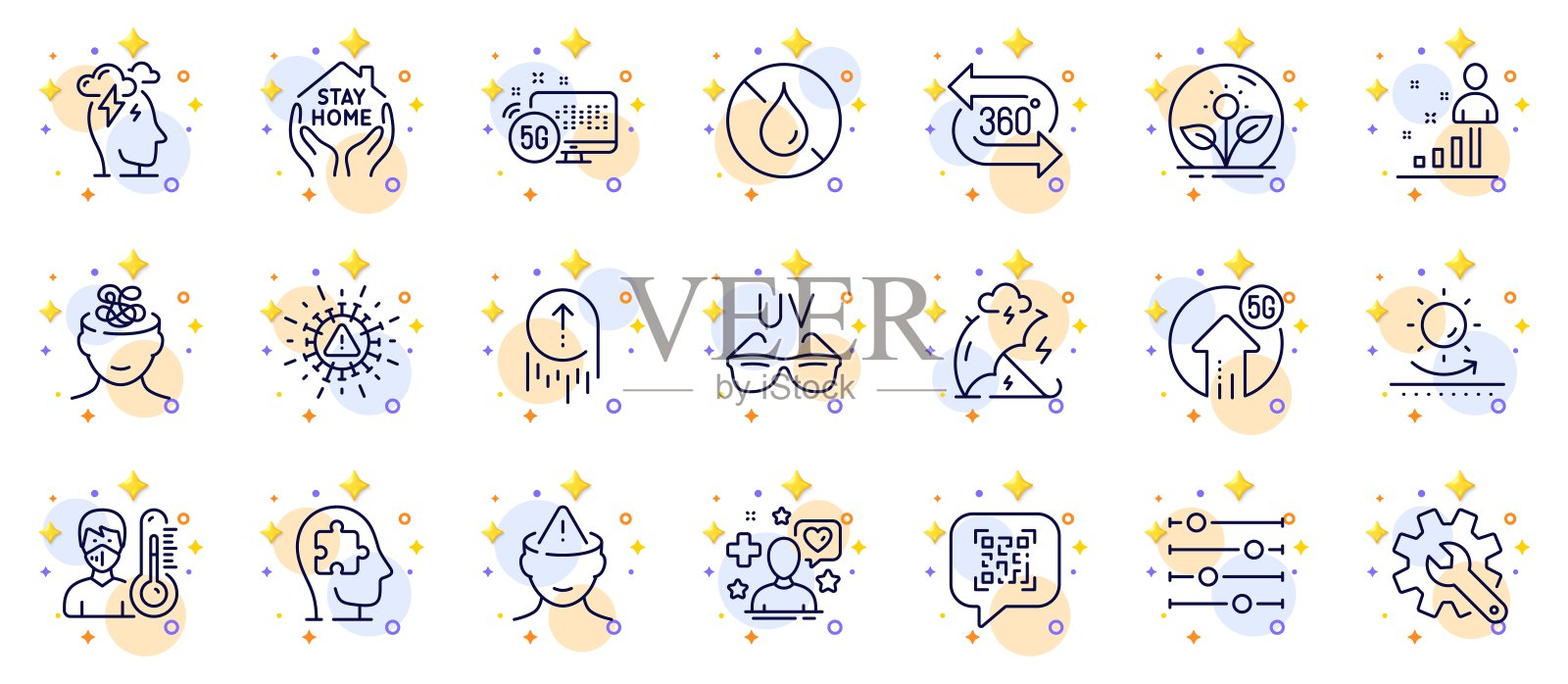 轮廓集防晒，孵化器和360度线图标的web应用程序。象形图标。向量插画图片素材