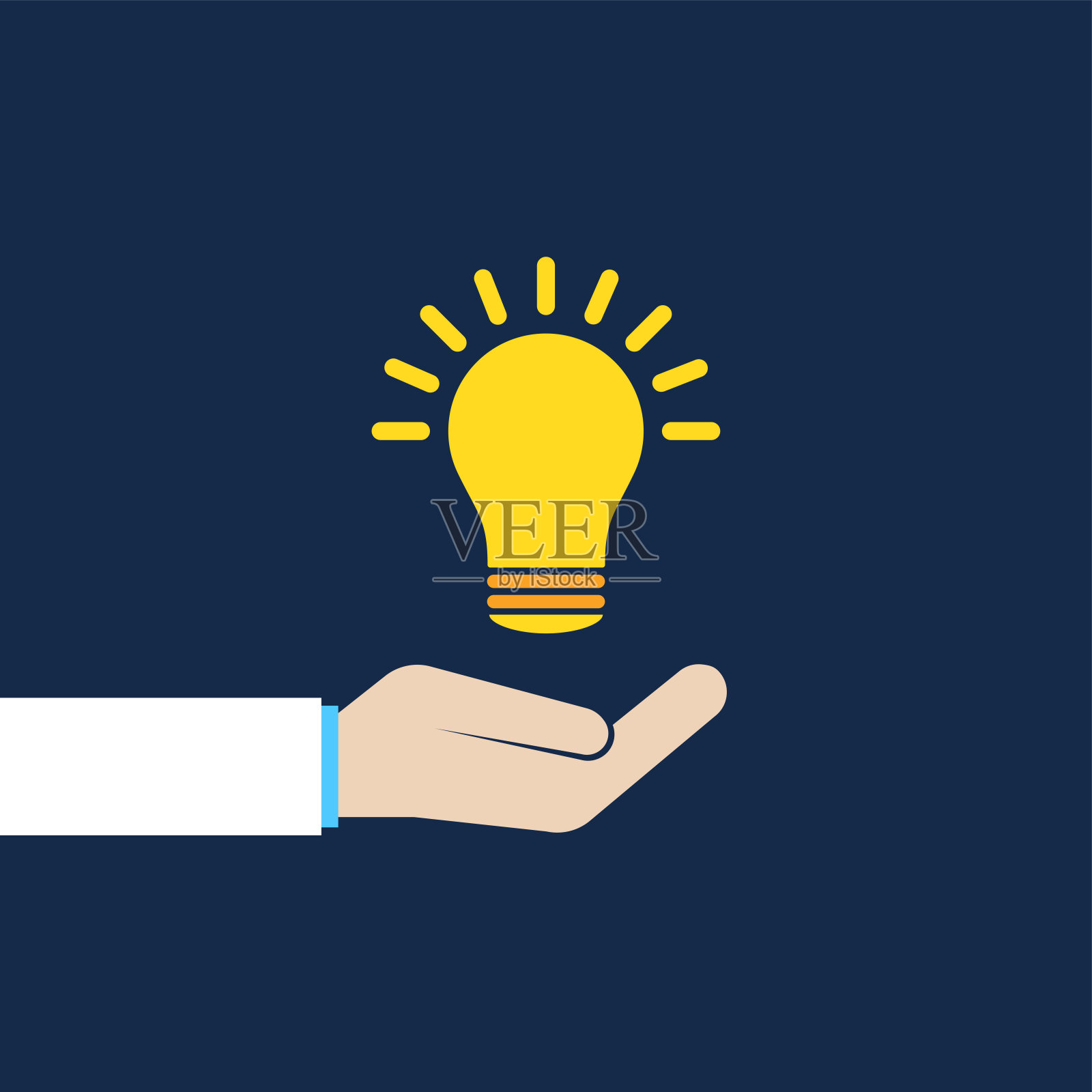 亮黄色的灯泡在人的手中。有远见或顿悟时刻的概念和聪明的教育动机，跳出框框或想象思考。简约的平面趋势现代平面艺术设计元素插画图片素材