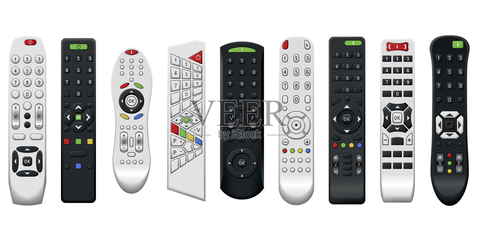 带有不同设计按钮的电视遥控器。无线电源媒体装置，可远程切换频道节目。通用控制器的技术设备，隔离矢量插图插画图片素材