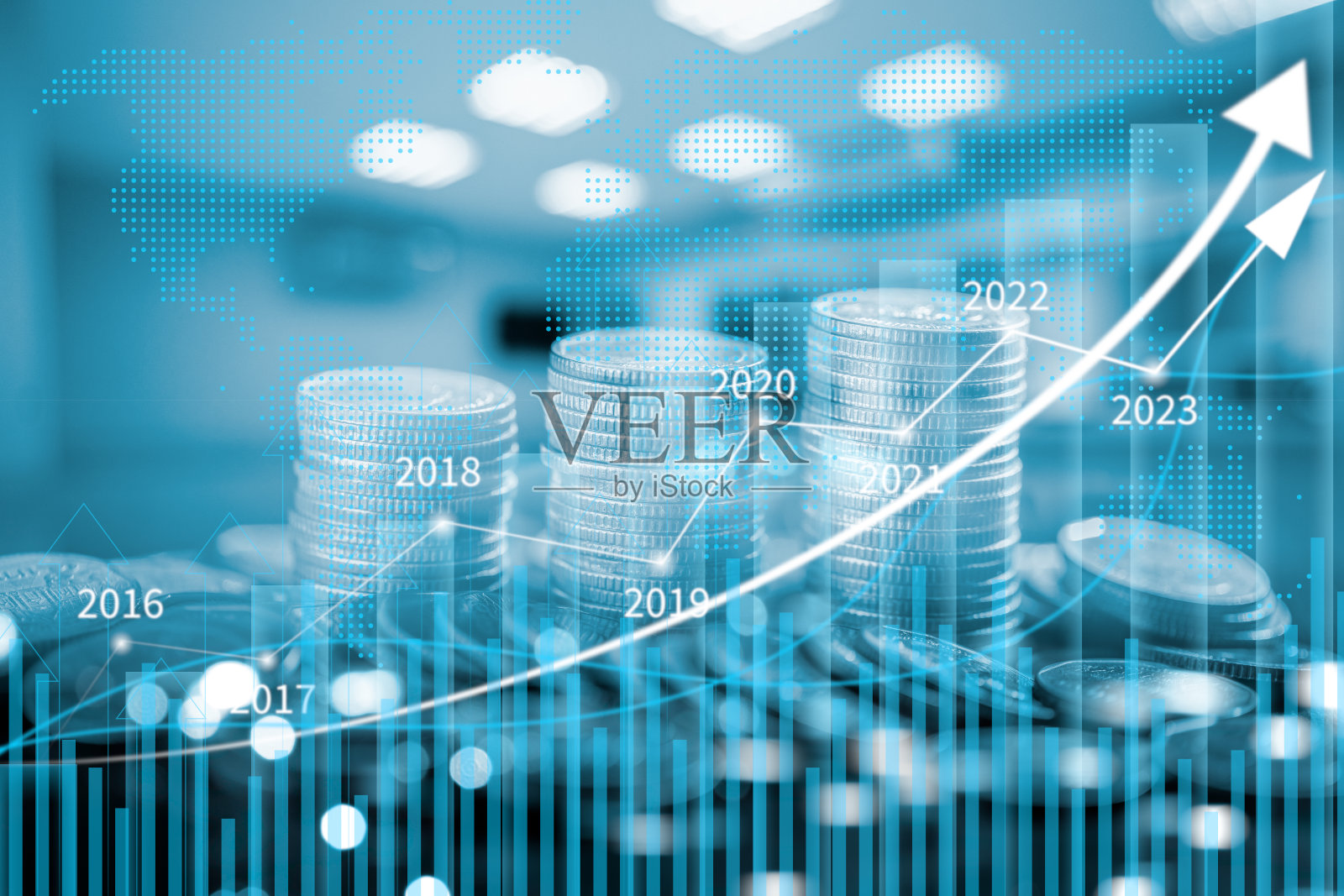 股票市场商业金融、世界经济增长趋势、背景币堆、投资共同基金、金融风险管理、债务上限、量化宽松、效应通胀、利息照片摄影图片