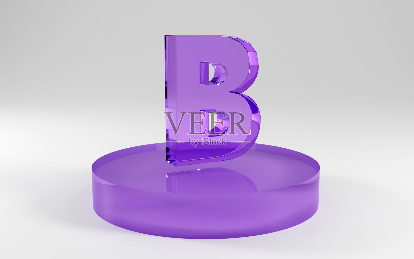 3d字母，字母形状制成的紫色玻璃在灰色背景，3d渲染，字母B照片摄影图片