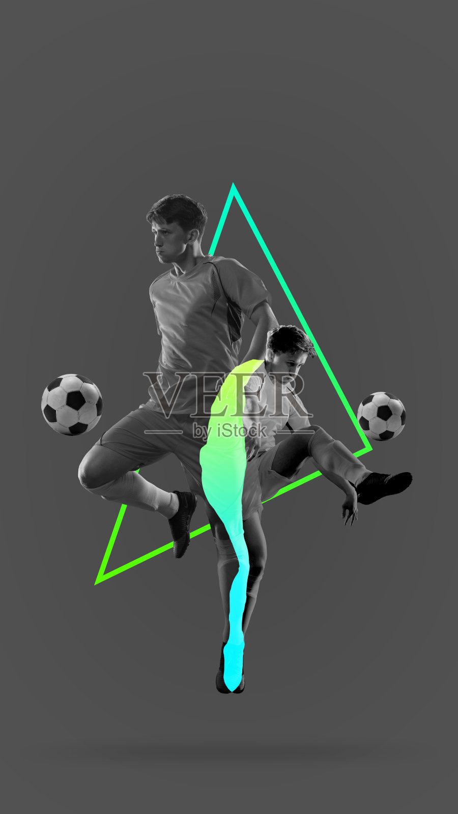 海报。当代艺术拼贴。现代创意艺术。年轻的天才足球运动员正在练习踢球。照片摄影图片