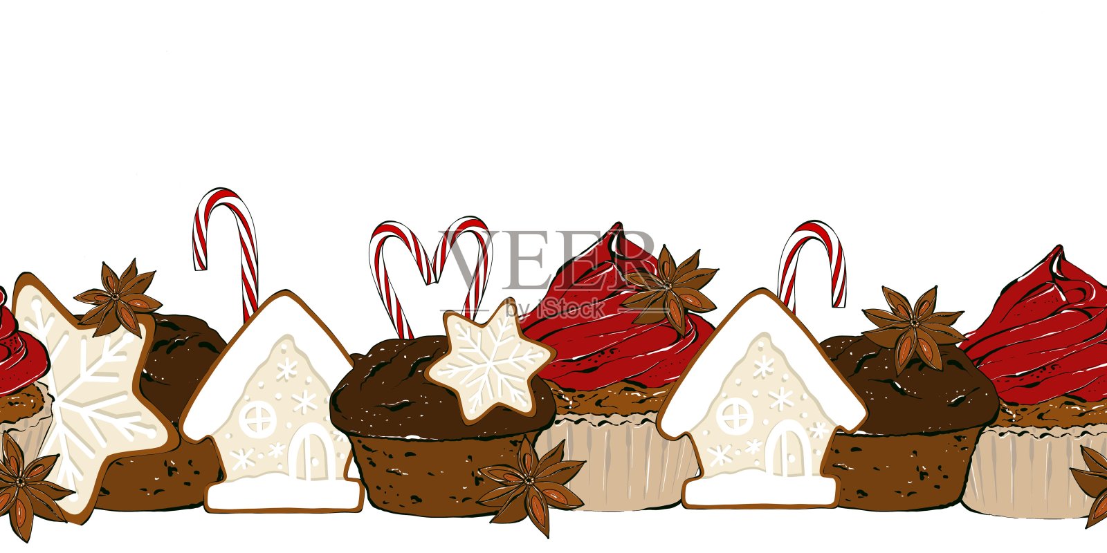 圣诞无缝边框姜饼饼干和咖啡杯。甜点和冬季热饮，水平重复手绘插图在素描风格。插画图片素材