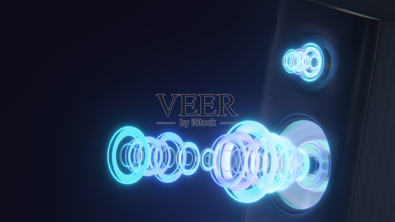 音响扬声器特写，音频立体声系统，霓虹灯下的3D音响扬声器，在黑暗背景中发出声波，3D渲染照片摄影图片