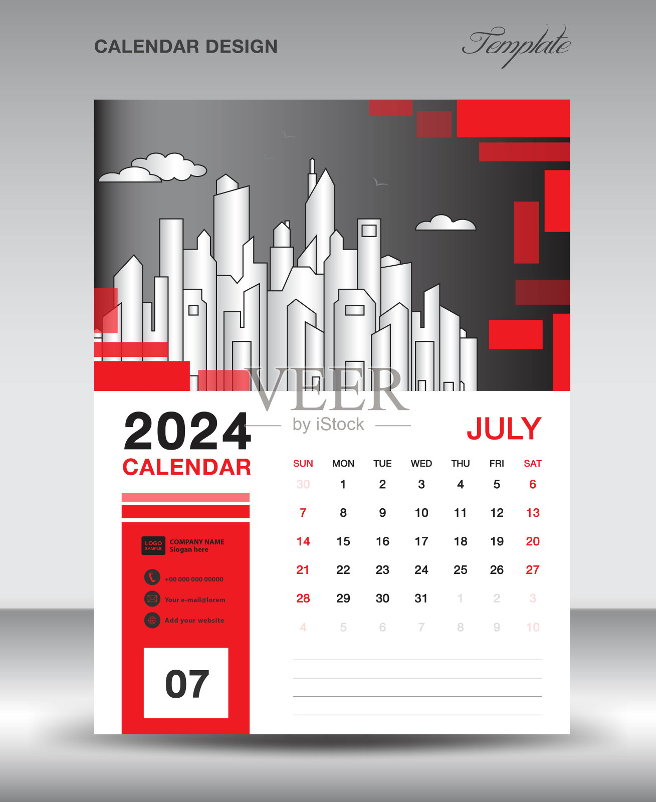日历2024设计模板- 7月2024年布局，垂直日历设计，桌面日历模板，墙壁日历2024模板，规划师，周日开始，红色矢量插画图片素材