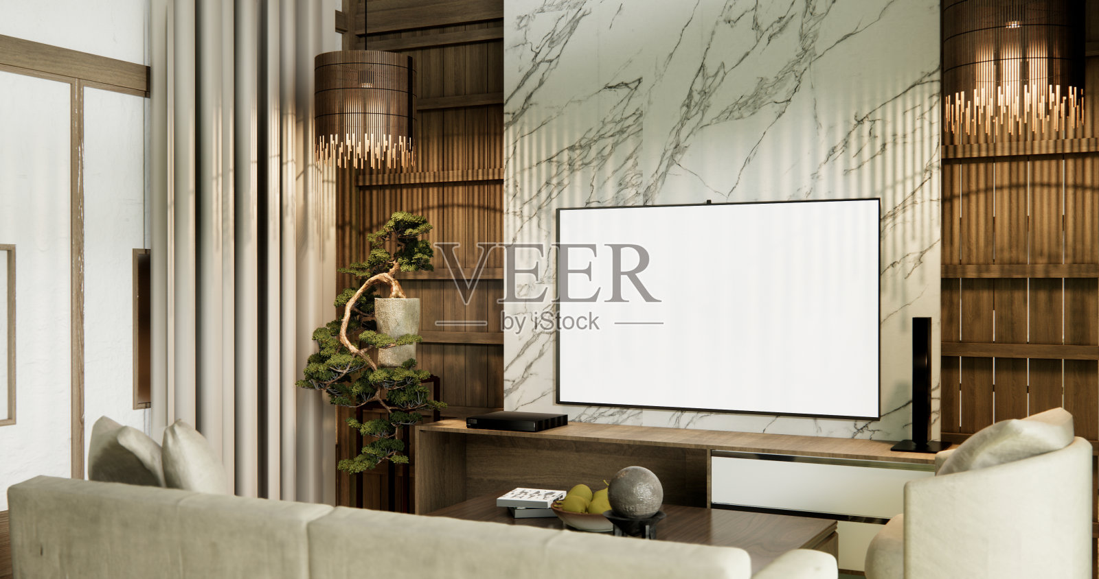 日式沙发和装饰上了现代房间内部的侘侘风格。照片摄影图片