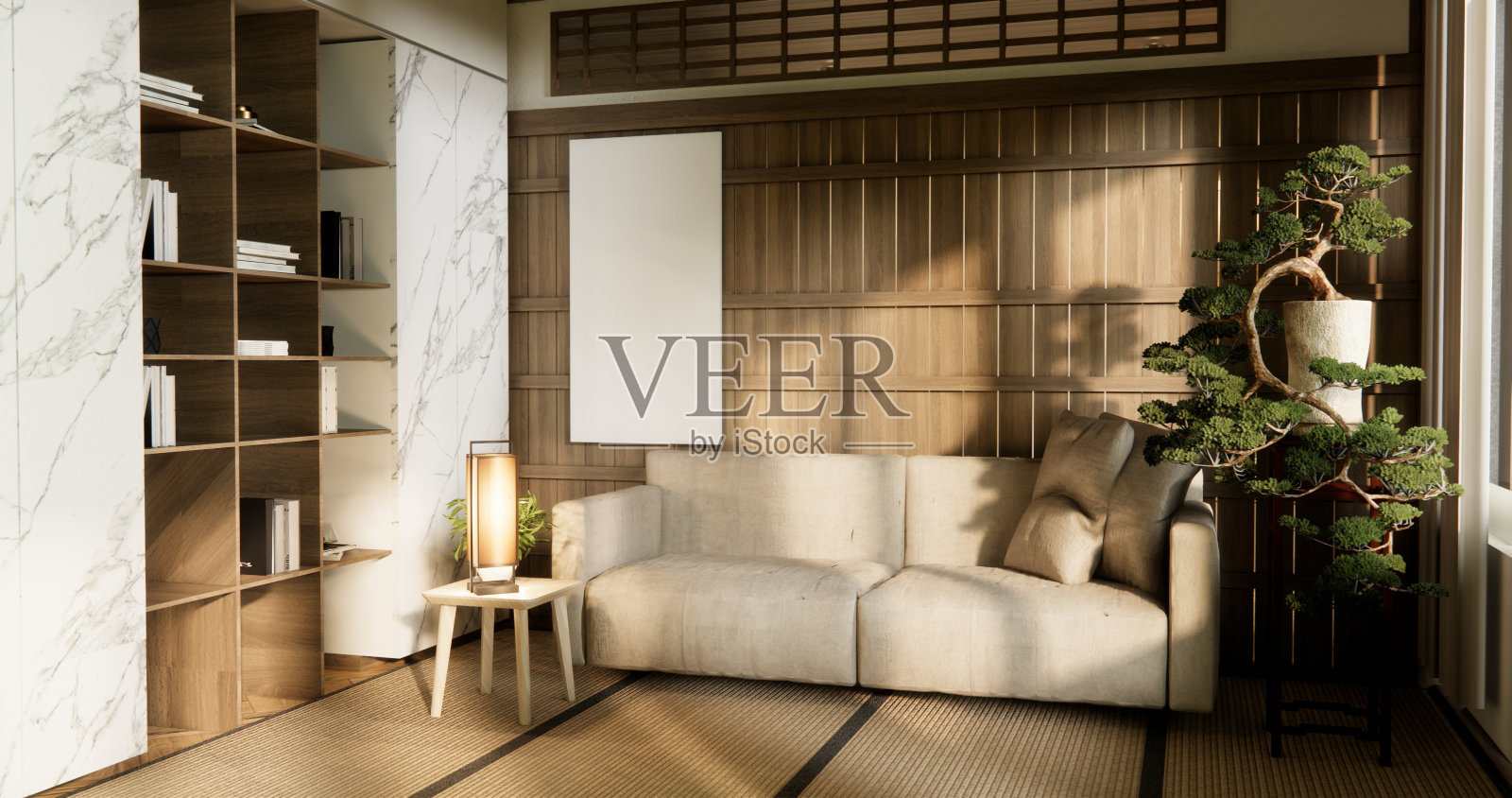 日式沙发和装饰上了现代房间内部的侘侘风格。照片摄影图片