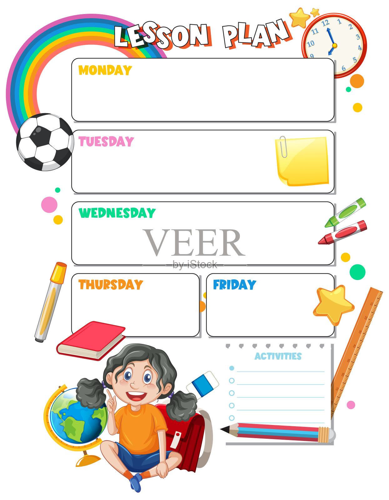 可爱的女孩学生与学习工具:卡通教案插画图片素材