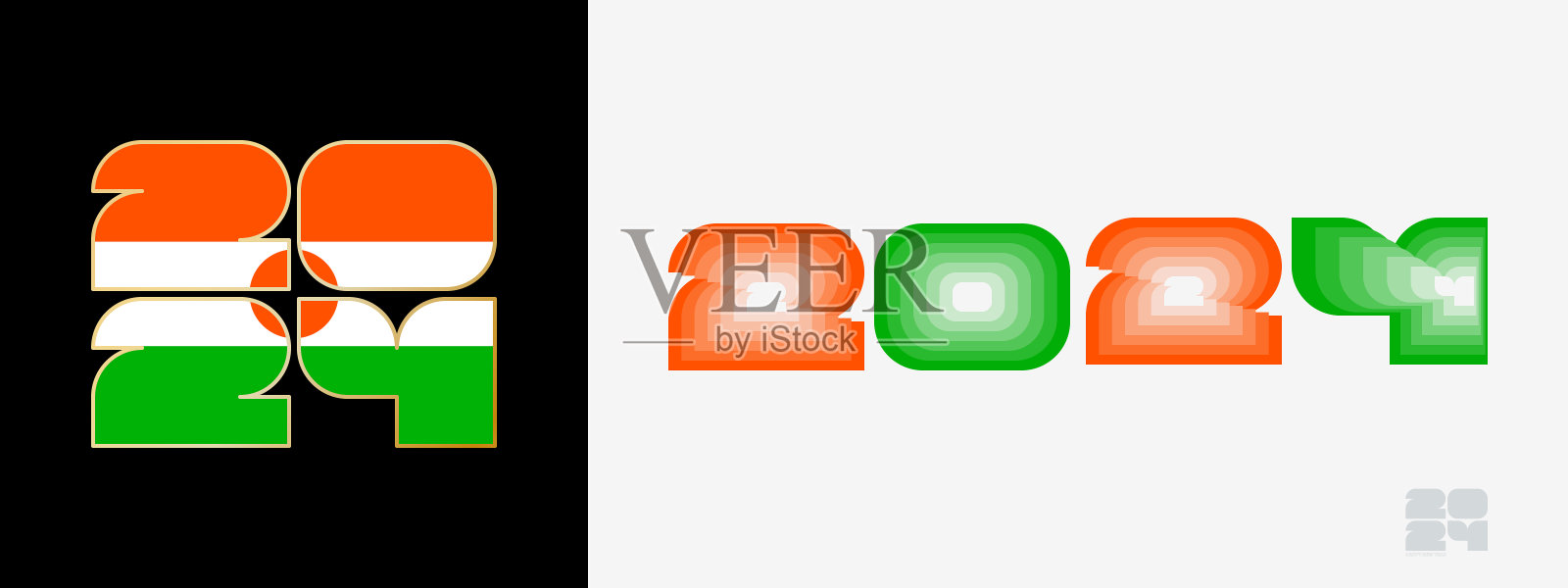 2024年使用尼日尔国旗，颜色为尼日尔国旗。以两种不同的方式祝2024年新年快乐。插画图片素材