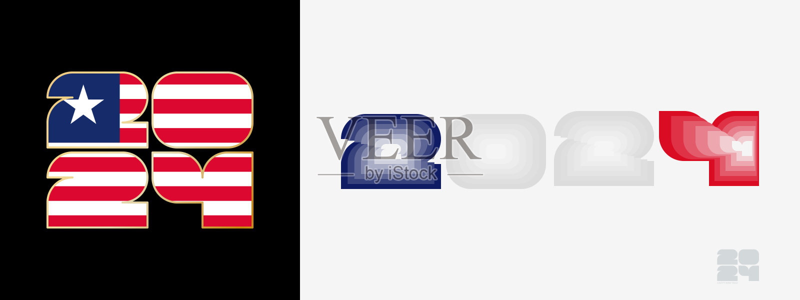 2024年使用利比里亚国旗，颜色为利比里亚国旗。以两种不同的方式祝2024年新年快乐。插画图片素材