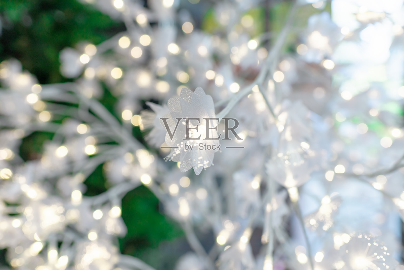 圣诞新年概念圣诞彩灯背景。模糊的白光。照片摄影图片