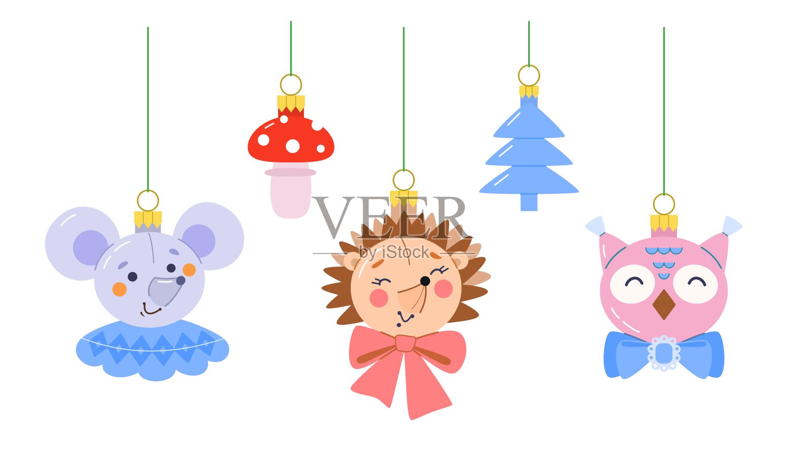 一套圣诞玩具串在森林主题形状的刺猬头，老鼠，猫头鹰与弓，木耳，圣诞树。插画图片素材