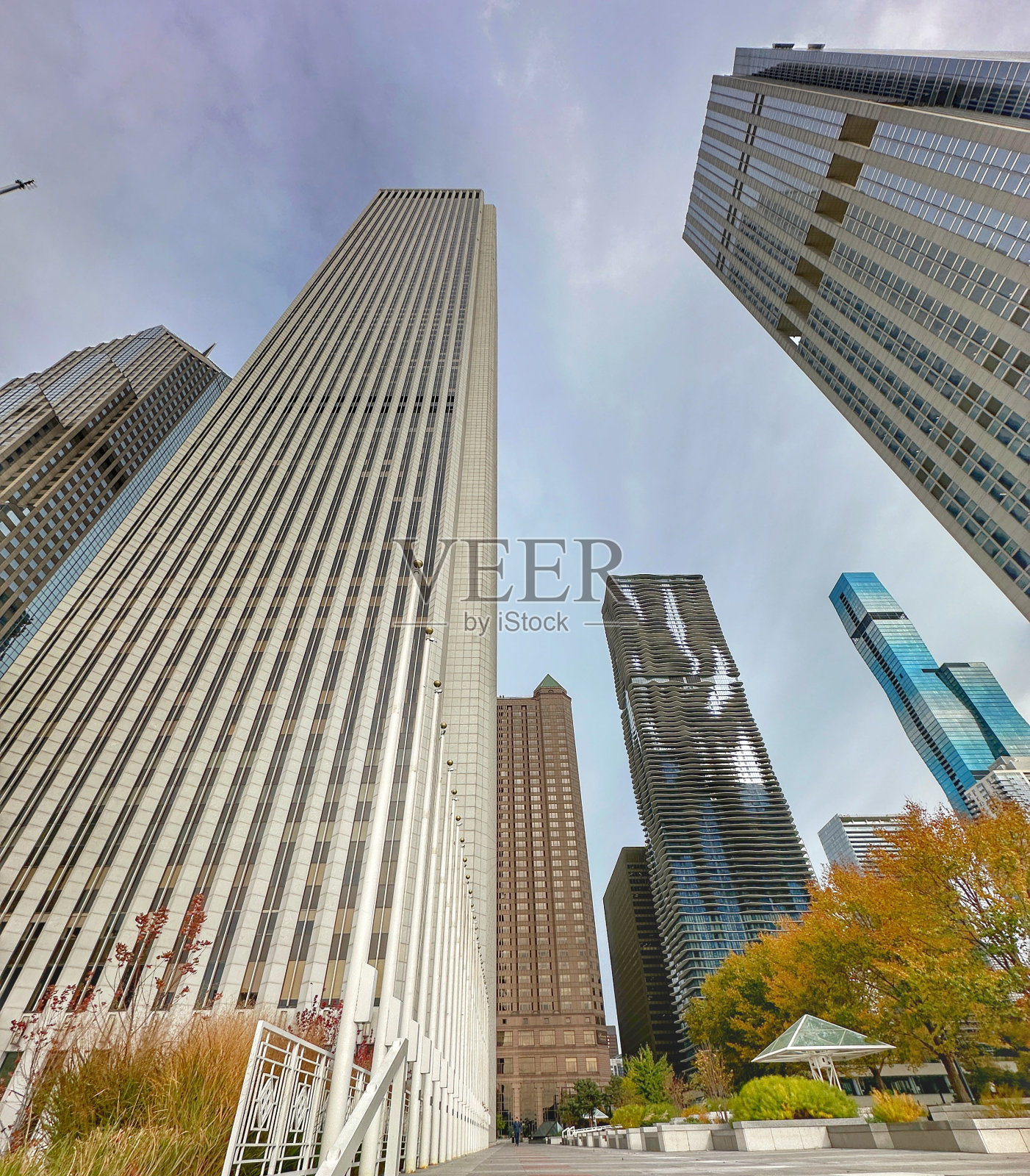 芝加哥摩天大楼的广角俯视照片摄影图片