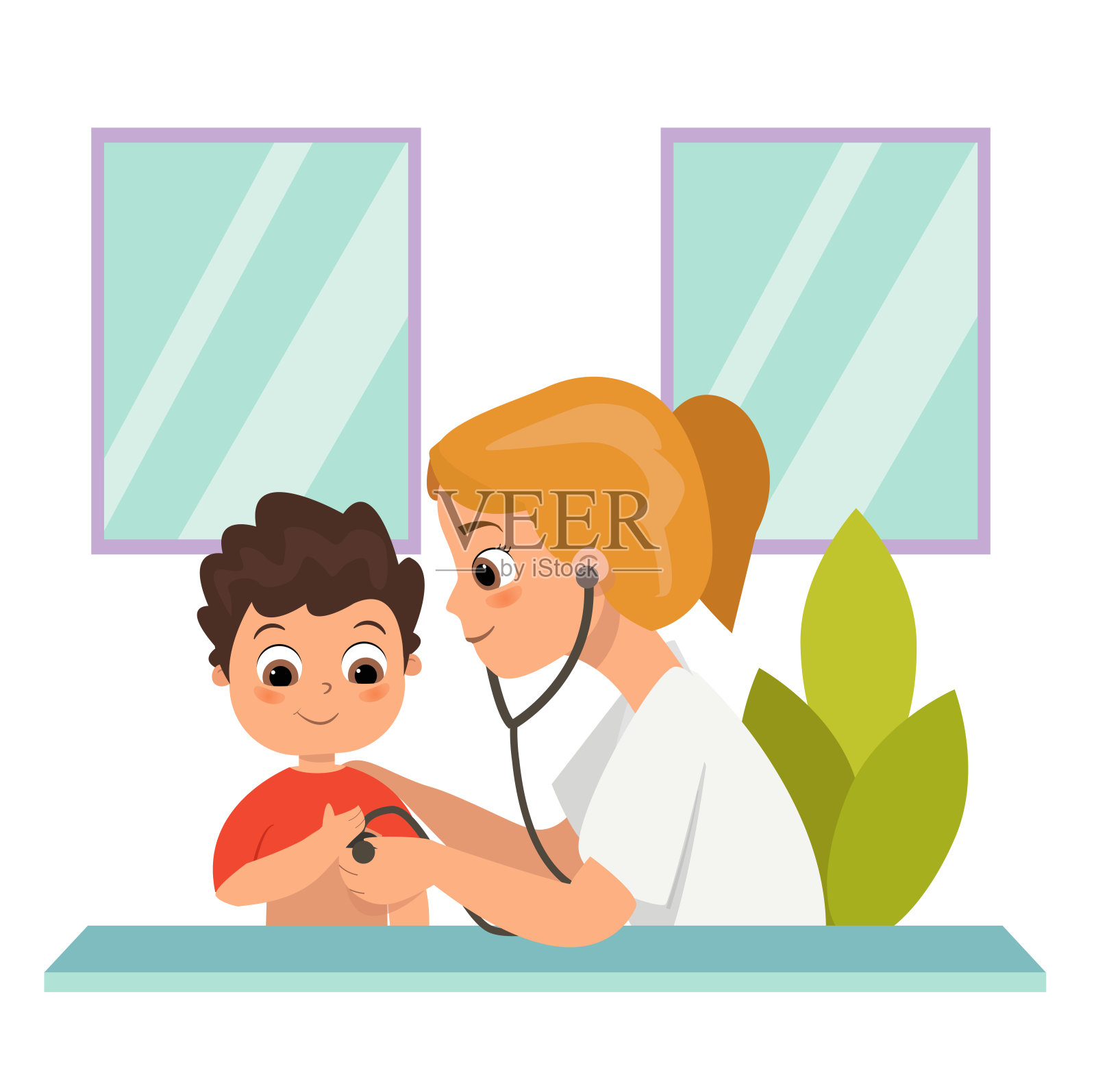 一位兴高采烈的医生正在给一个孩子治病。医生用听诊器听呼吸。测量体温。矢量插图白色背景..插画图片素材