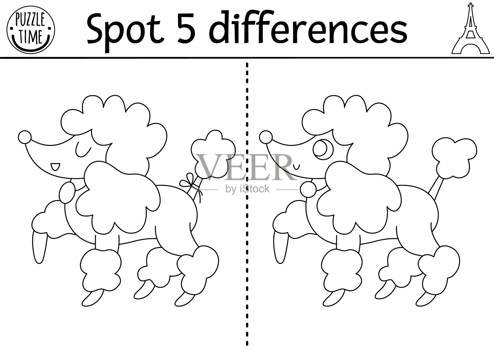 为孩子们寻找不同的游戏。有教育意义的黑白相间的活动，可爱的牛头犬穿着条纹衬衫。孩子们玩的益智游戏，有有趣的法国动物角色。可打印的工作表或涂色页插画图片素材
