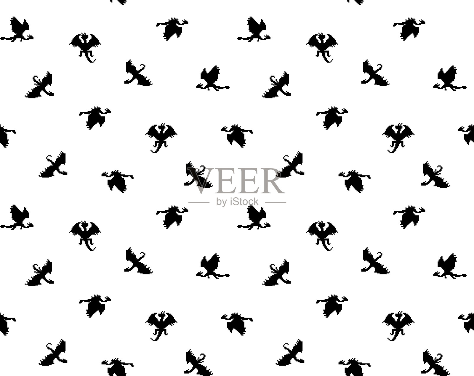 黑白小像素龙轮廓在白色背景无缝图案。插画图片素材