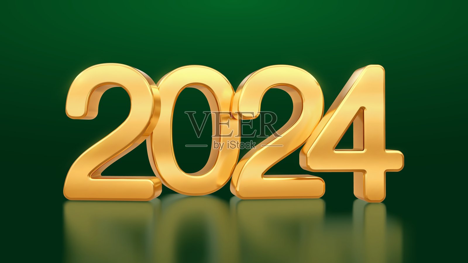 2024年新年快乐。金色3D数字2024孤立在绿色背景。现实的节日金属豪华黄金数字。圣诞快乐，新年祝福。矢量插图。插画图片素材
