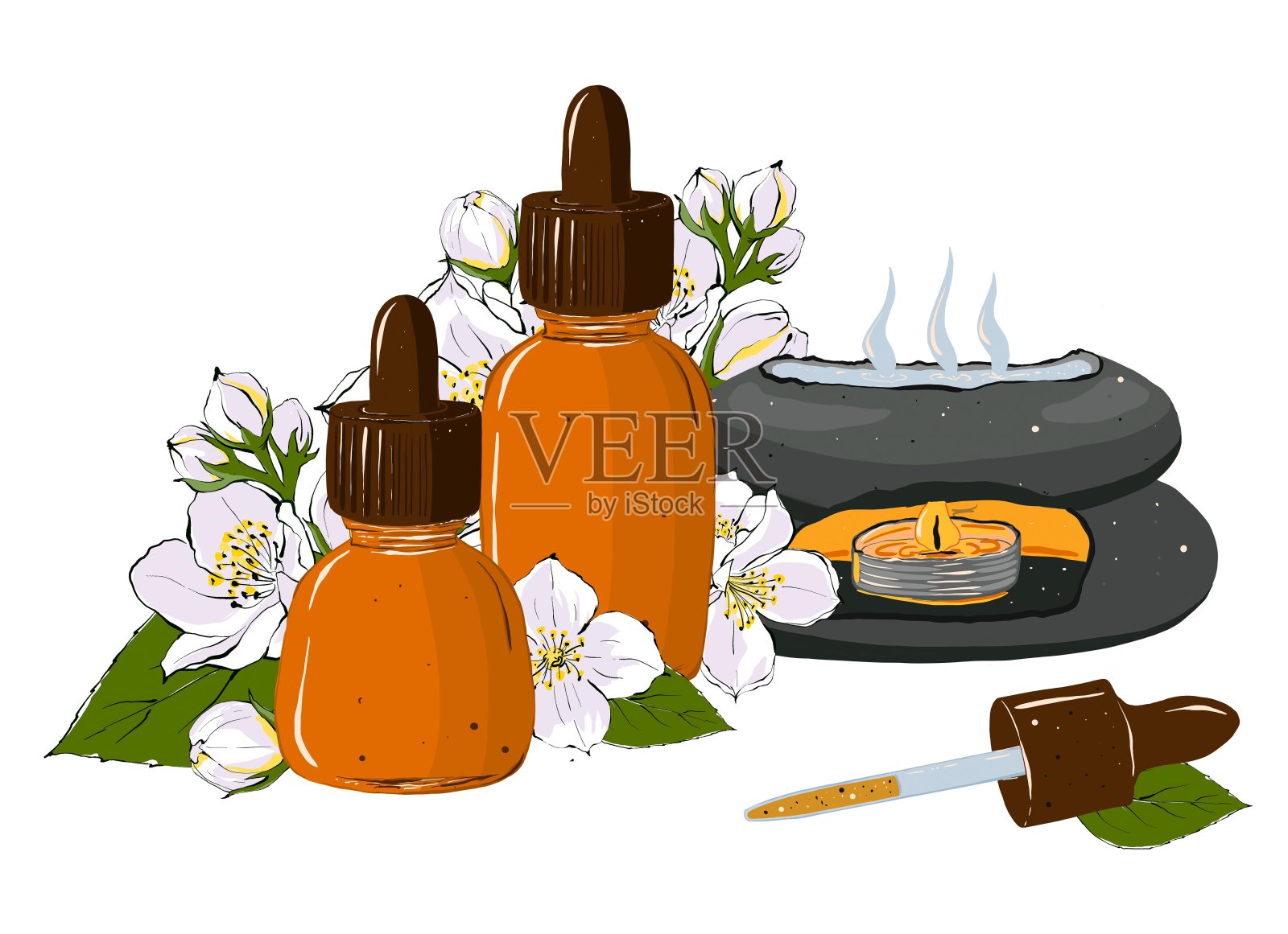 化妆品成分用玻璃瓶精油，香灯和茉莉花。手绘插图孤立在白色背景插画图片素材
