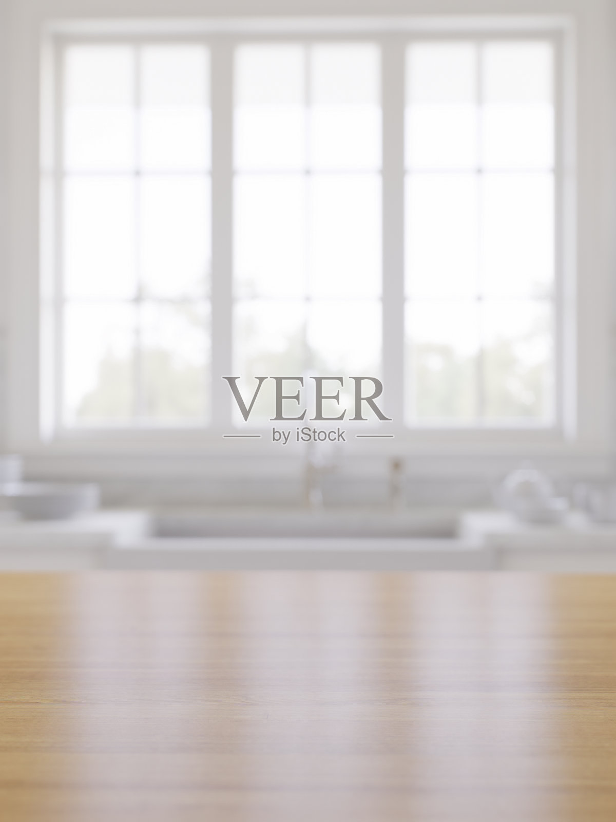 木质台面，空表面放置物品，背景中有模糊的厨房背景。传统风格的时尚明亮厨房。三维渲染照片摄影图片