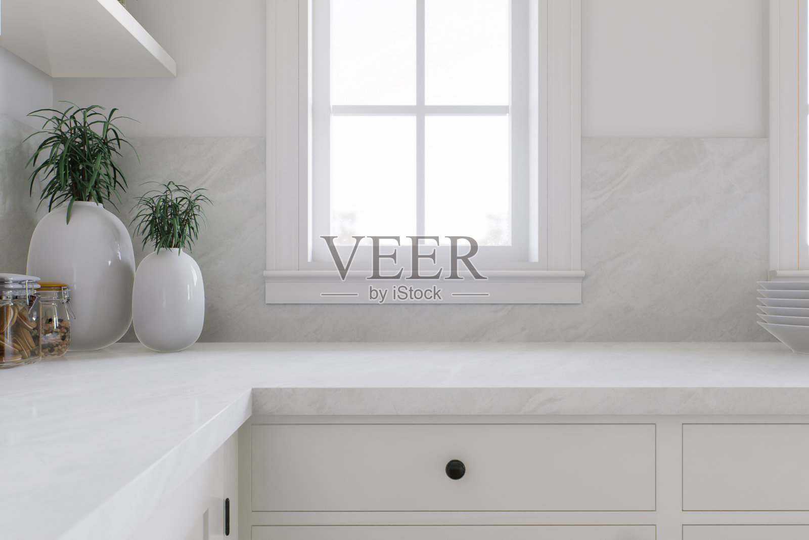 厨房白色台面，有窗户和餐具。传统风格的时尚明亮厨房。三维渲染照片摄影图片