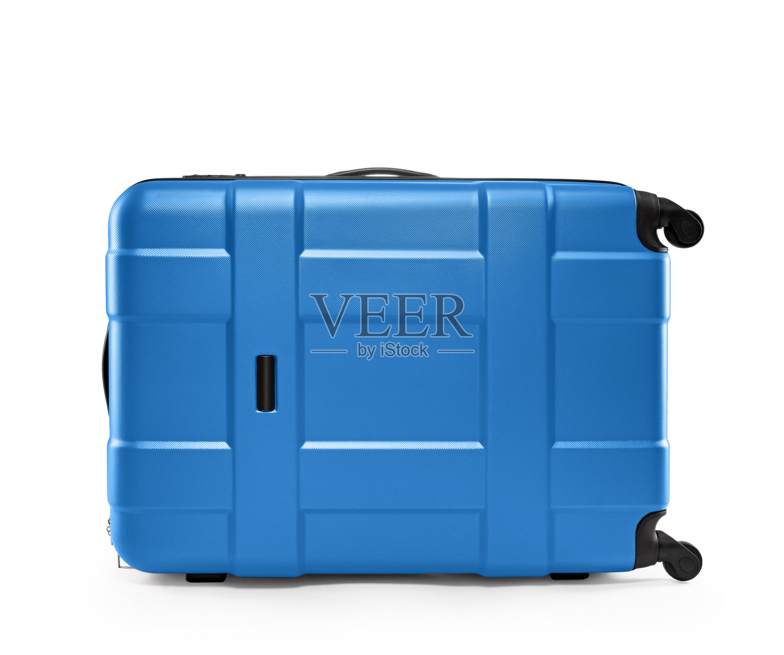 蓝色行李箱塑料。侧身躺着照片摄影图片