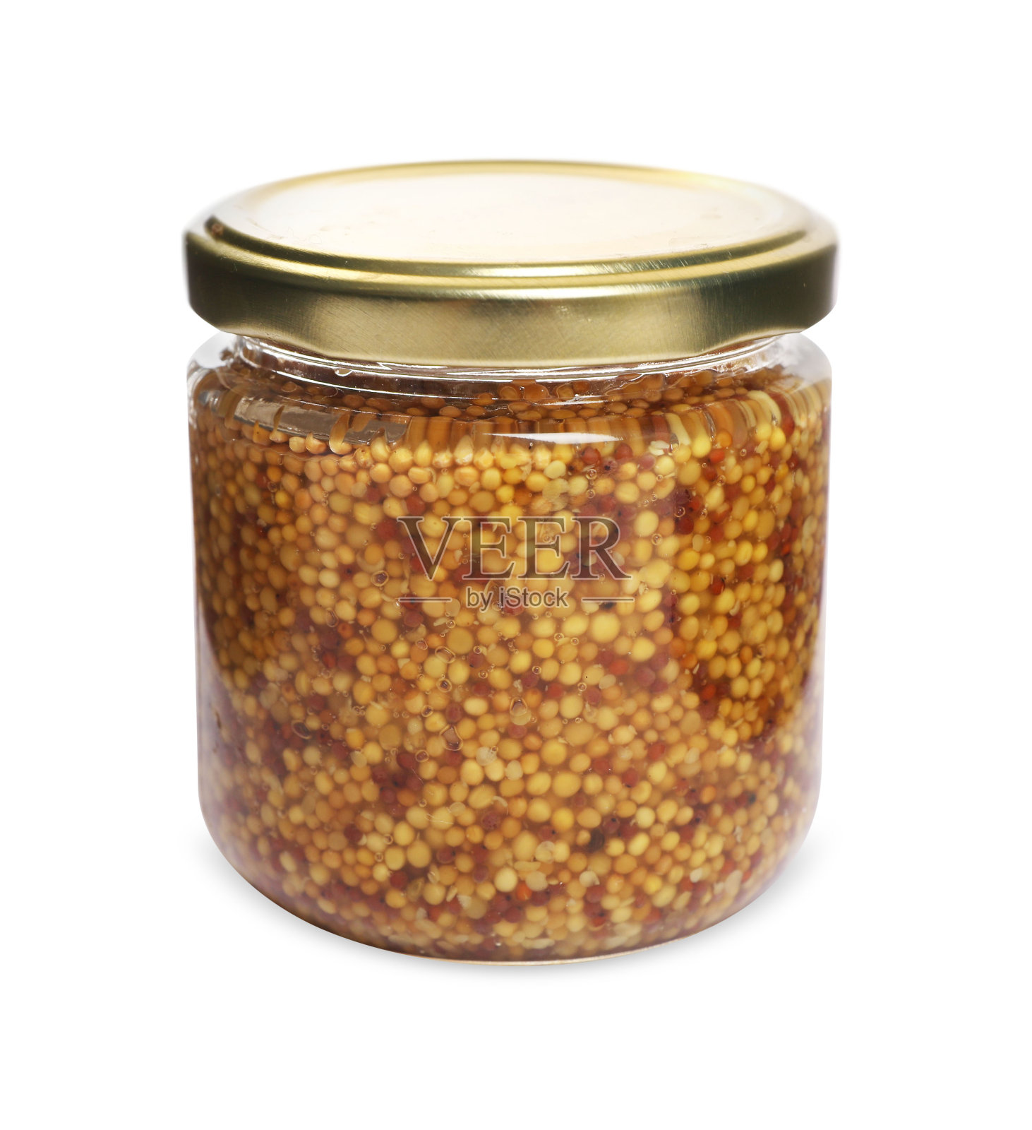 一罐全谷物芥末，白色背景照片摄影图片