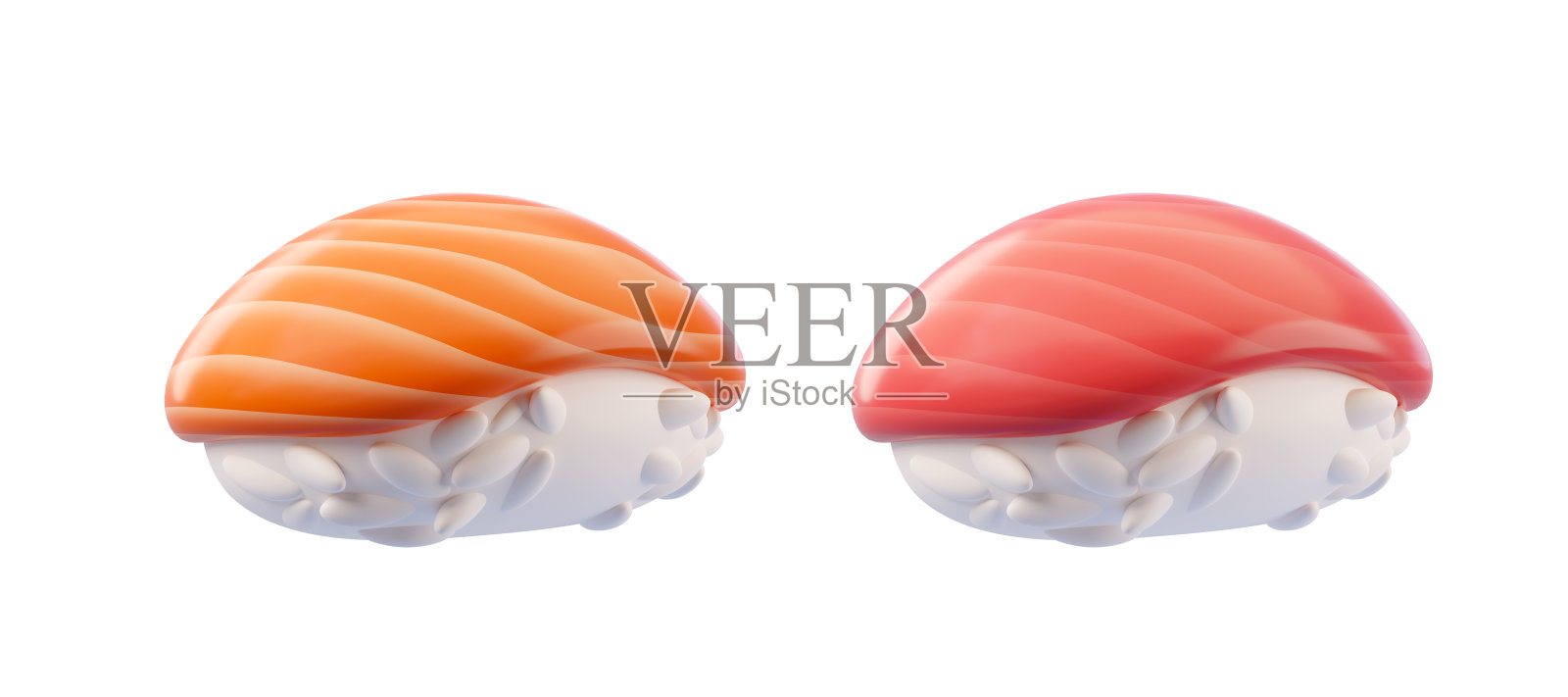 3d寿司套装。三文鱼寿司寿司和金枪鱼寿司寿司寿司孤立在白色背景。可爱的日本美食图标。3D渲染图。照片摄影图片