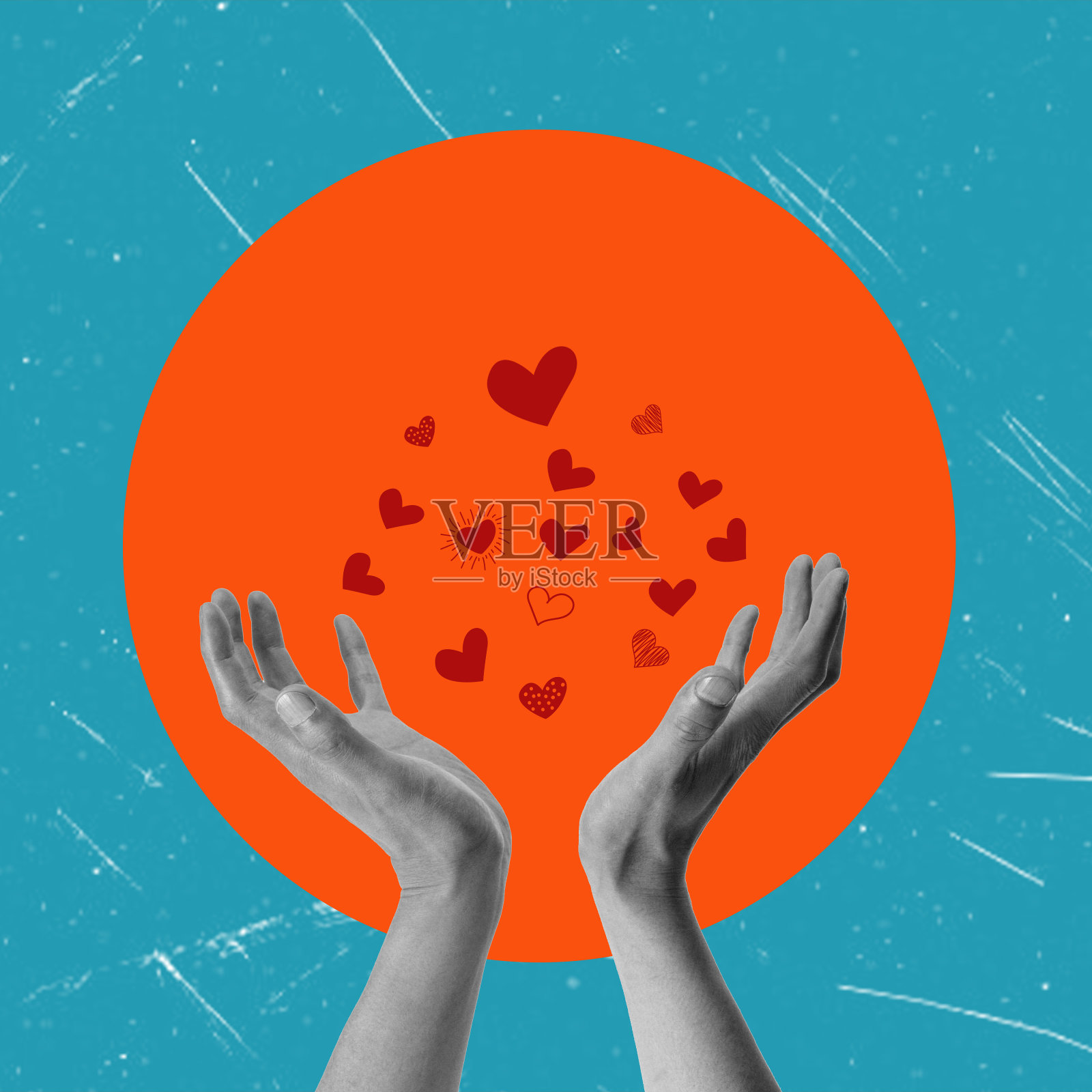 一幅当代艺术拼贴画，在一个橙色的圆圈里有手和飞翔的心。照片摄影图片