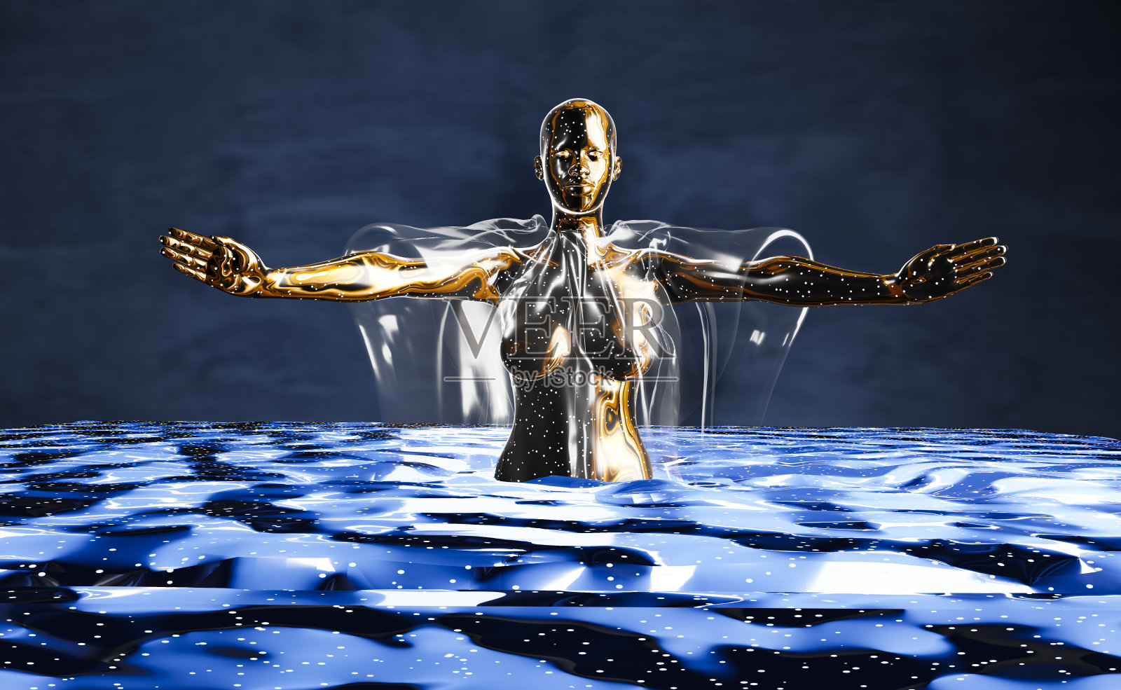 机器人女神穿着乙烯基衣服和水污染照片摄影图片