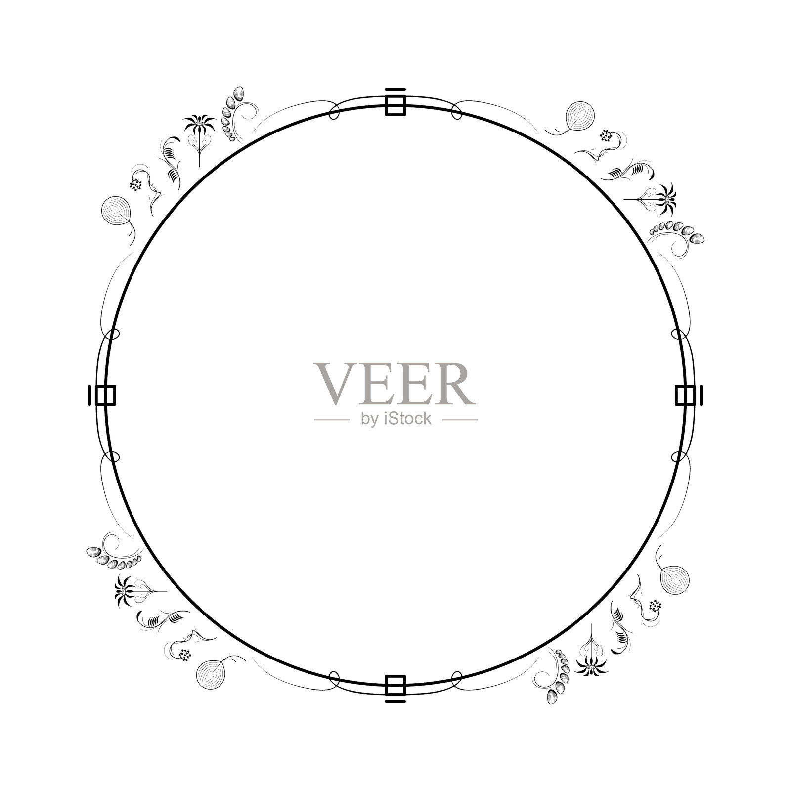 抽象黑色简单线条圆形与叶子叶子框架花涂鸦轮廓元素矢量设计风格素描孤立的插图婚礼和横幅插画图片素材