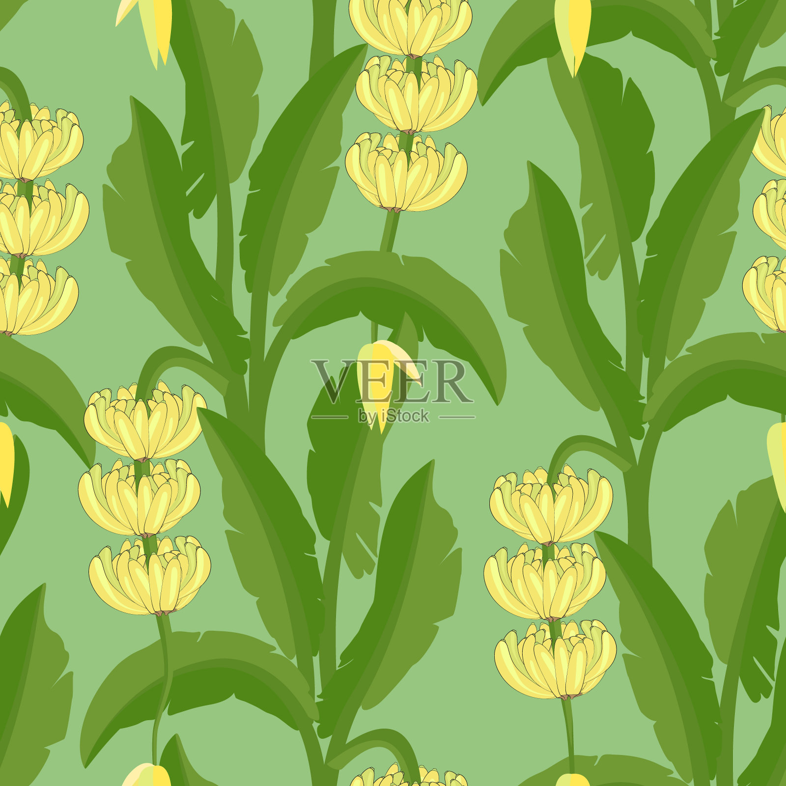 矢量-香蕉与叶子无缝图案。插画图片素材