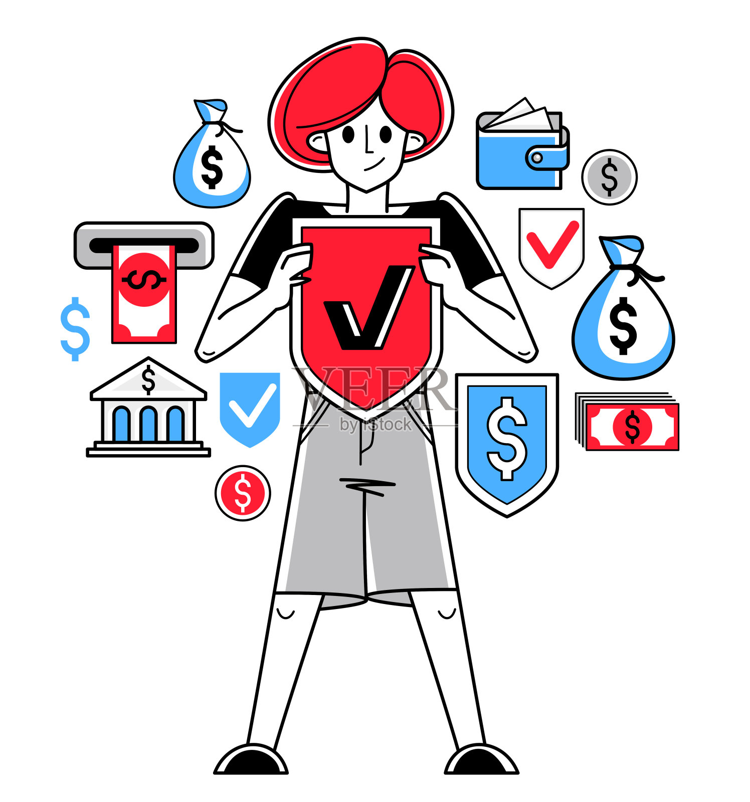 金融保护和安全矢量概述插图，银行工作人员正在做他的工作对金融安全，保险和风险，有保障的盾牌。插画图片素材