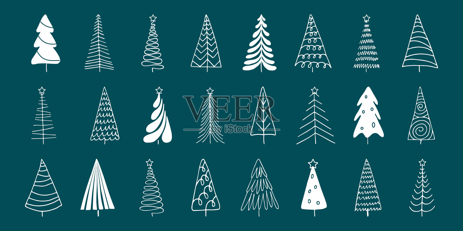 涂鸦云杉，松树，杉树，白线上画孤立的绿色插画图片素材