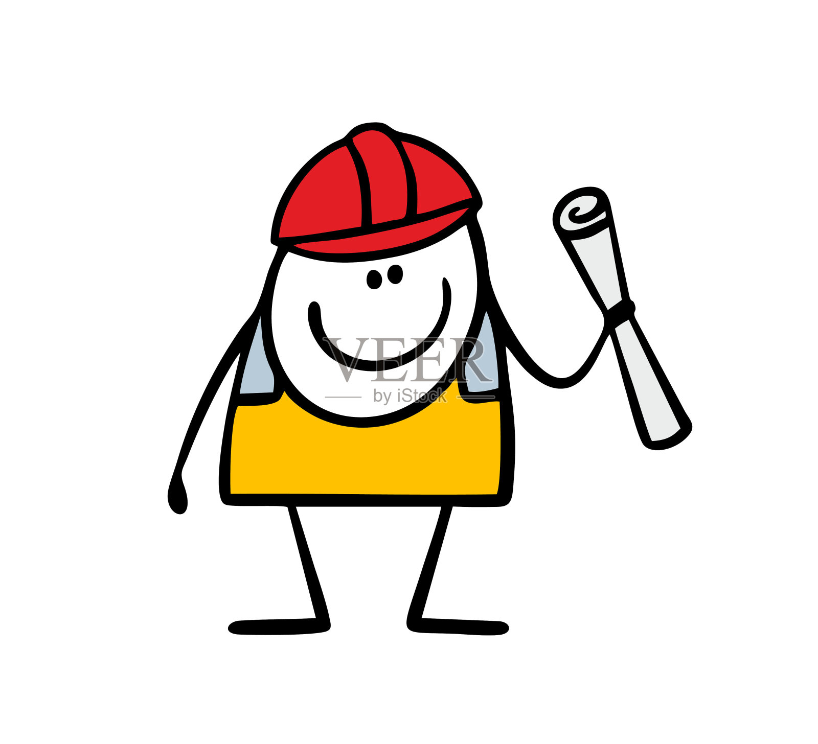 穿着制服的满意的工人站在那里，拿着一张卷起来的计划或图纸。矢量插图建设的房子，道路或机械在工厂。插画图片素材