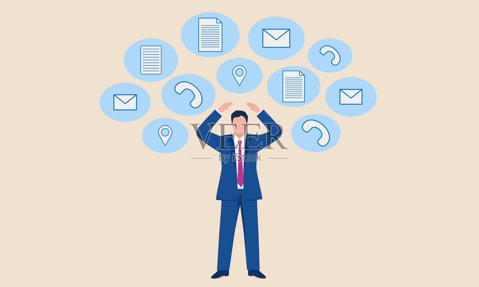 由于工作电话和电子邮件太多，员工担心出差插画图片素材