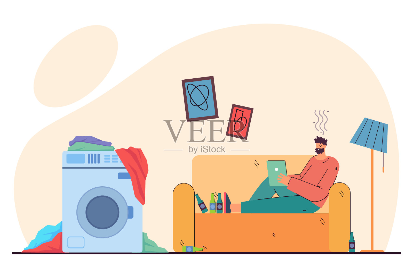 把平板电脑放在沙发上的人拒绝打扫房间插画图片素材