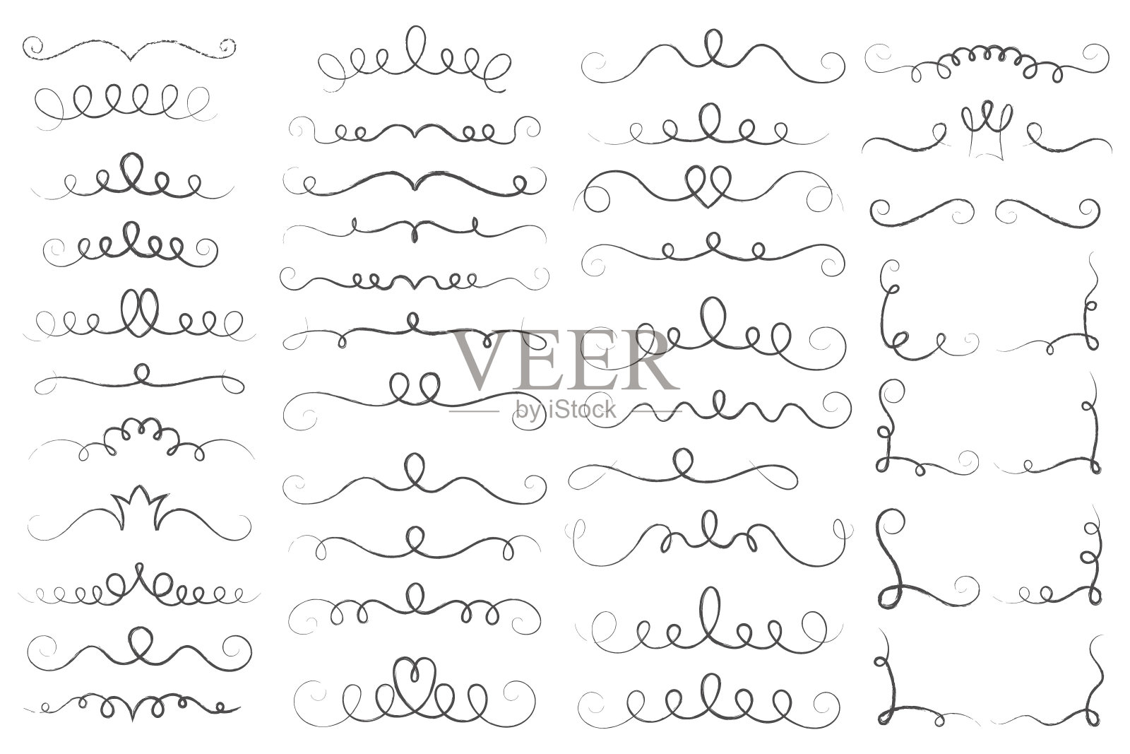 带有曲线和卷曲笔触的下划线，手绘分隔线，带有爱心和皇冠的潦草书法元素矢量漩涡涂鸦插画图片素材