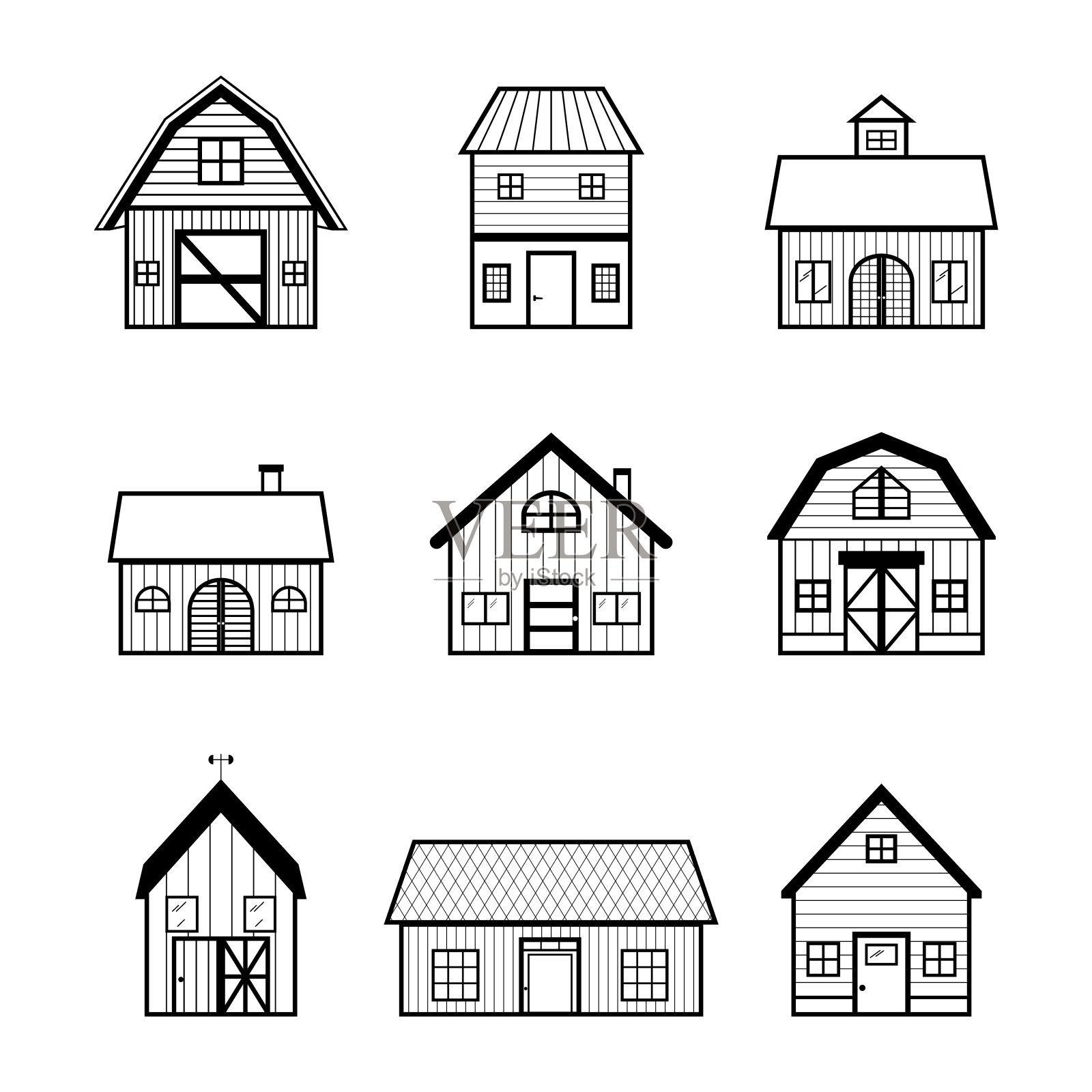 农村图标收集与农场，谷仓，乡村别墅集。轮廓矢量图插画图片素材