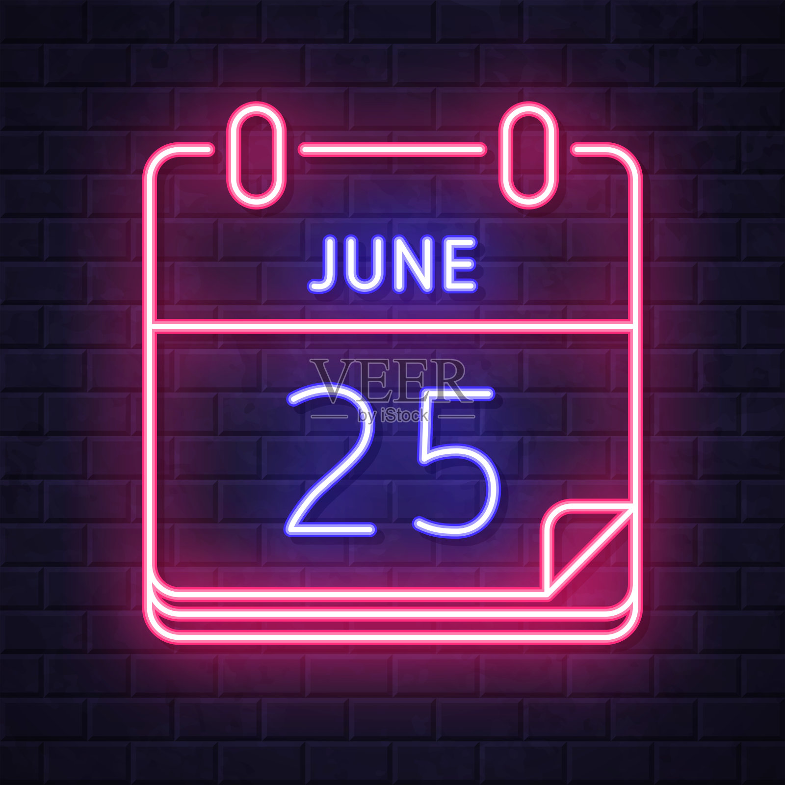 6月25日。在砖墙背景上发光的霓虹灯图标插画图片素材