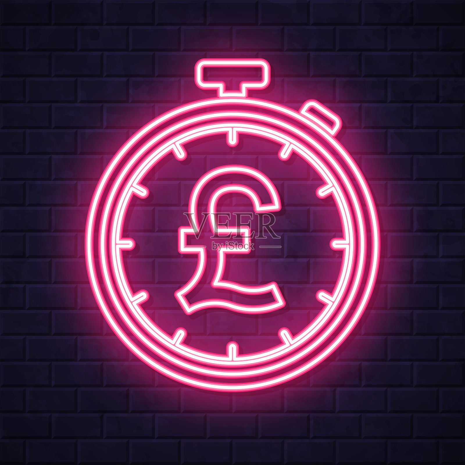 带有磅号的秒表。在砖墙背景上发光的霓虹灯图标插画图片素材