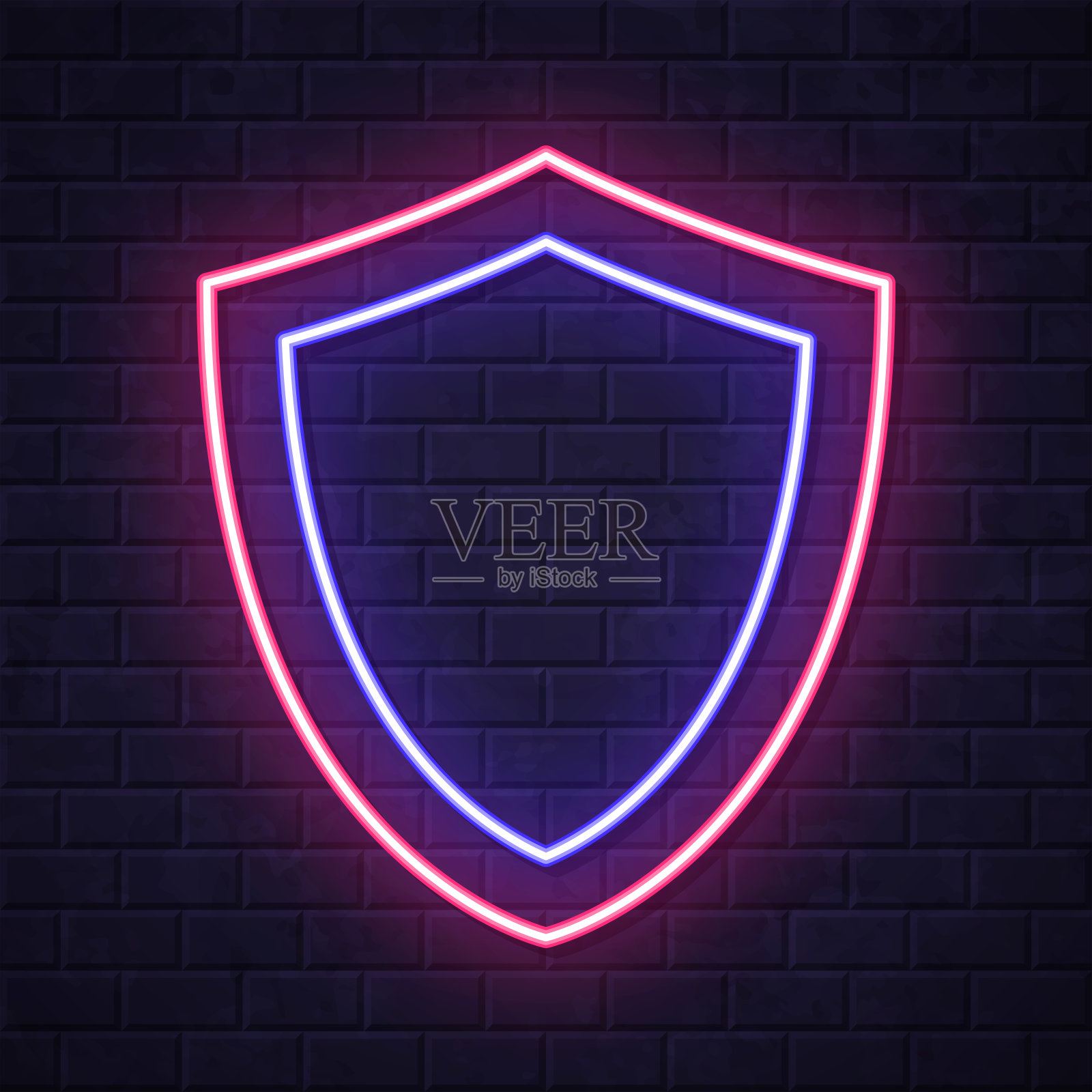 盾牌。在砖墙背景上发光的霓虹灯图标插画图片素材